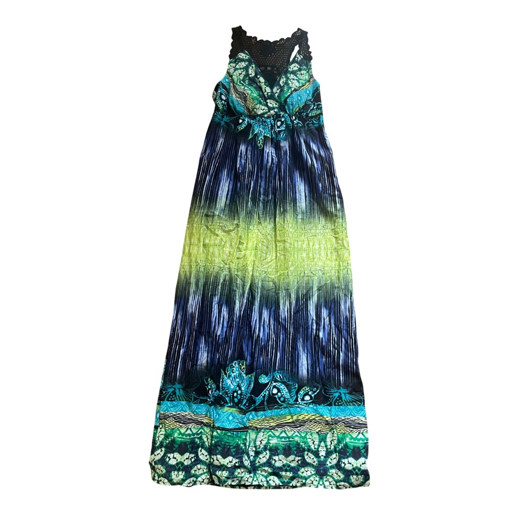 AGB Dress Womens Size 8 Blue Green Abstract Crochet Back Cotton Maxi Dress NWT
